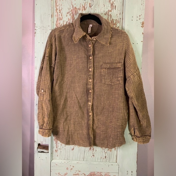 Women’s Zenana yellow tan long sleeve button down 100% cotton gauze - Picture 1 of 6